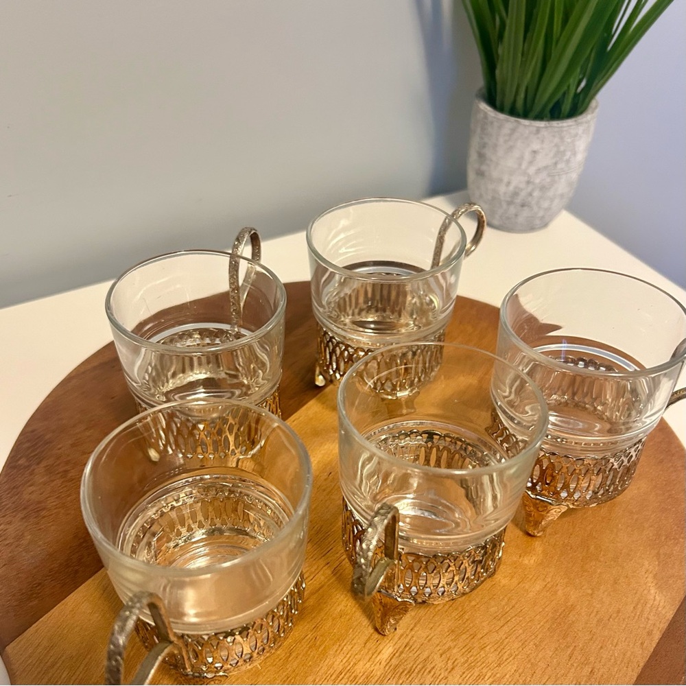 Vintage Vereco France Espresso Glass Set of 5 Metal Holders MCM Coffee Cups
